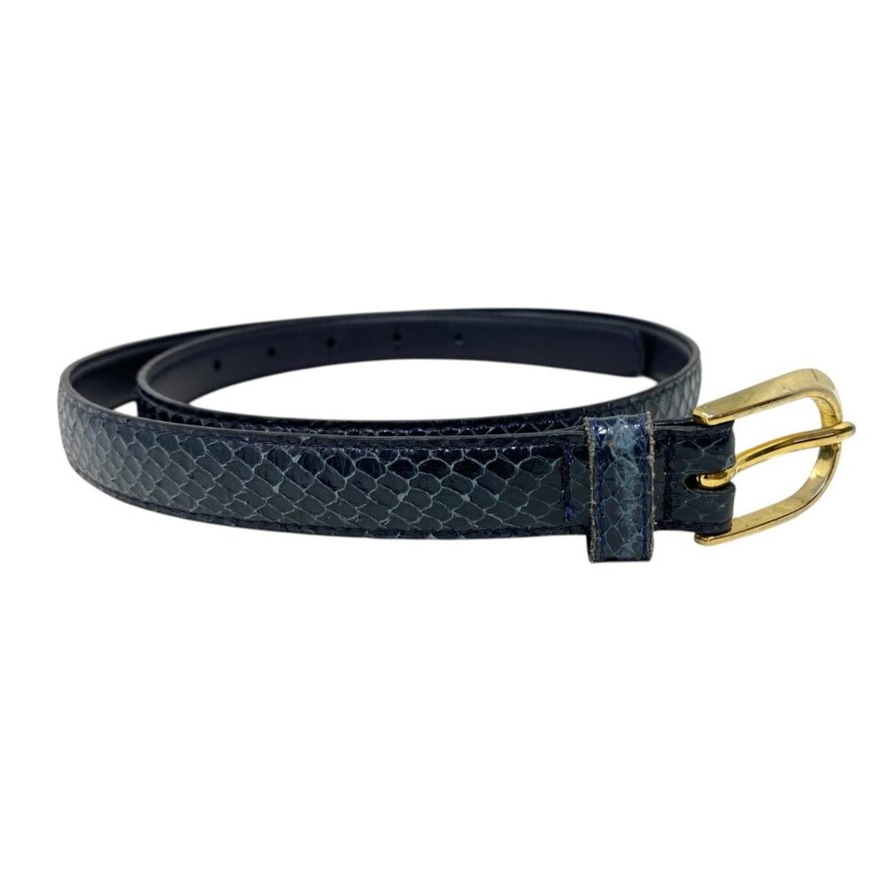 Womens Navy Blue Skinny Snakeskin Slim Belt‎ Gold Tone Buckle Size M Medium